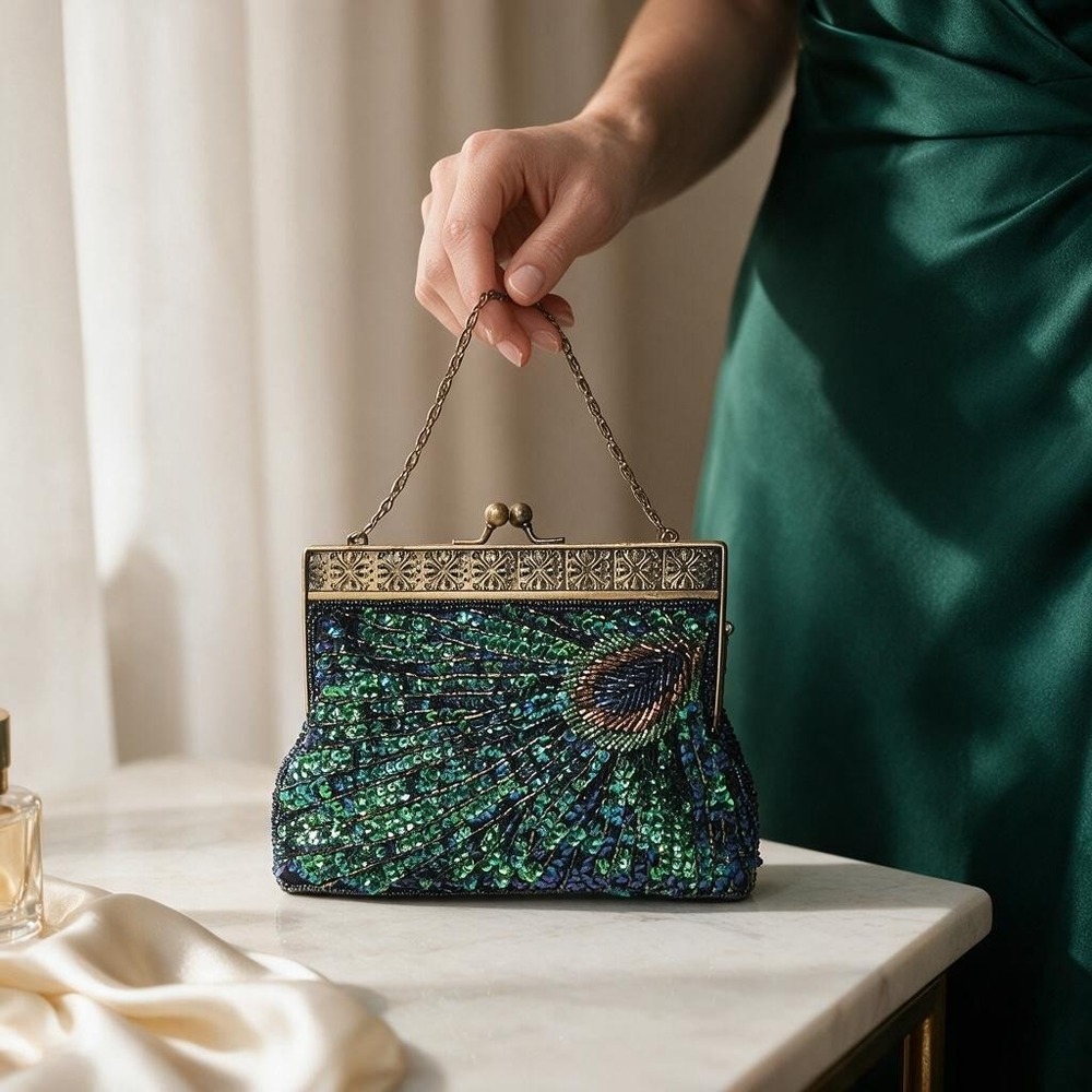 Peacock Sequin Beaded Clutch OS Blue Green Iridescent Art Deco